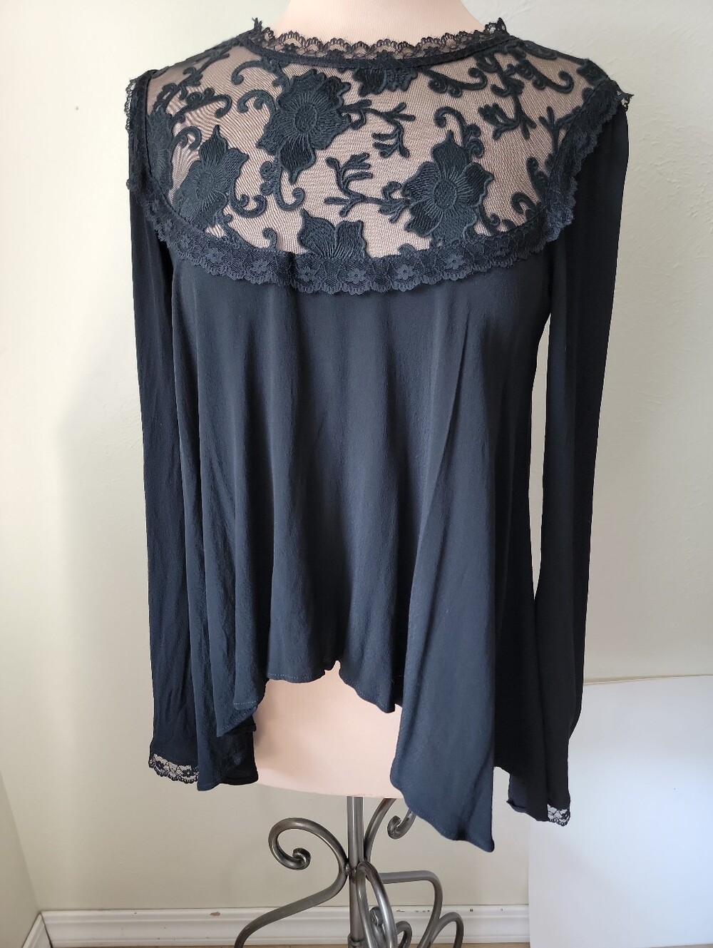 For Love And Lemons Black Sheer Lace Yoke Long Sleeve Top